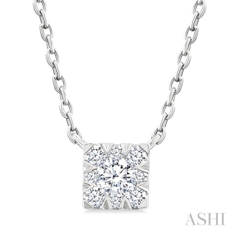 1/10 Ctw Lovebright Petite Square Shape Round Cut Diamond Fashion Pendant With Chain in 10K White Gold