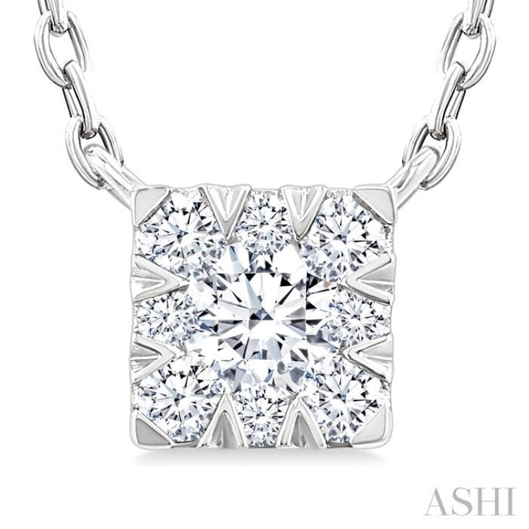 1/10 Ctw Lovebright Petite Square Shape Round Cut Diamond Fashion Pendant With Chain in 10K White Gold