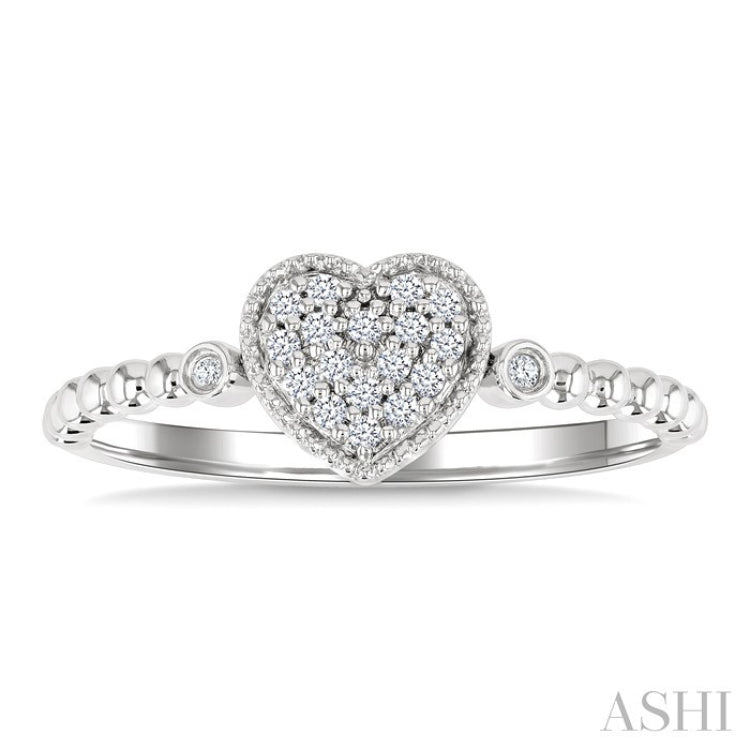 1/8 Ctw Petite Bead Shank Heart Motif Round Cut Diamond Fashion Ring in 10K White Gold