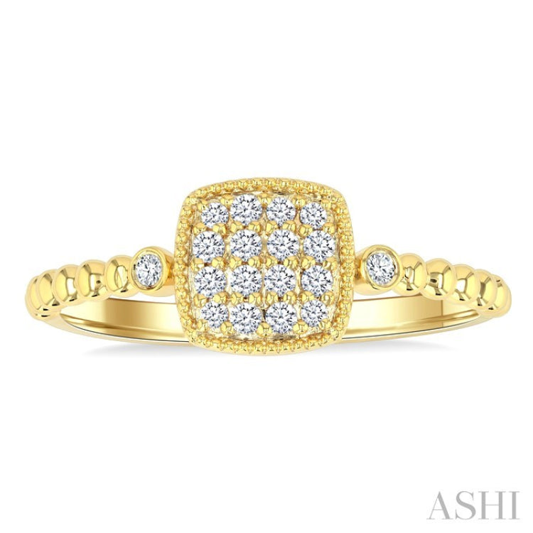 1/8 Ctw Petite Bead Shank Cushion Shape Center Round Cut Diamond Fashion Ring in 10K Yellow Gold