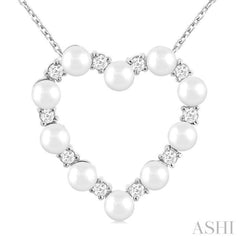 3 MM Round Shape Cultured Pearl and 1/5 Ctw Round Cut Diamond Heart Shape Pendant With Chain in 14K White Gold
