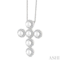 4 MM Cross Cultured Pearl and 1/4 Ctw Round Cut Diamond Pendant With Chain in 14K White Gold