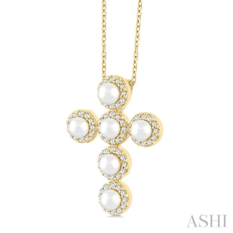4 MM Round Shape Cultured Pearl and 1/4 Ctw Round Cut Diamond Cross Pendant With Chain in 14K Yellow Gold