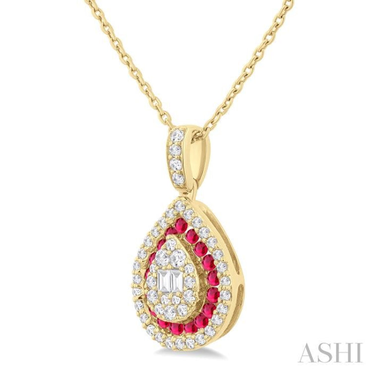1.25 MM & 1.45 MM Pear Shape Ruby and 1/4 Ctw Baguette and Round Cut Diamond Precious Pendant With Chain in 14K Yellow Gold