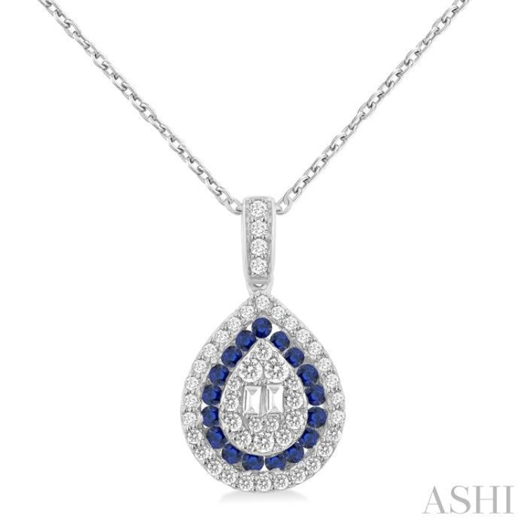 1.25 MM & 1.45 MM Pear Shape Sapphire and 1/4 Ctw Baguette and Round Cut Diamond Precious Pendant With Chain in 14K White Gold