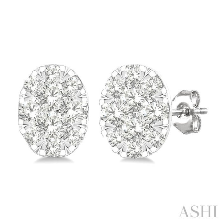 1/6 Ctw Lovebright Petite Oval Shape Round Cut Diamond Fashion Stud Earring in 10K White Gold