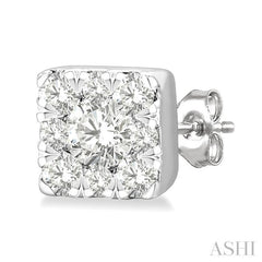 1/6 Ctw Lovebright Petite Square Shape Round Cut Diamond Fashion Stud Earring in 10K White Gold