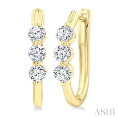 1 Ctw 3-Stone Round Cut Diamond Fashion Hoop Earring in 14K Yellow Gold