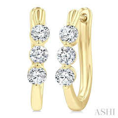3/4 Ctw 3-Stone Round Cut Diamond Fashion Hoop Earring in 14K Yellow Gold