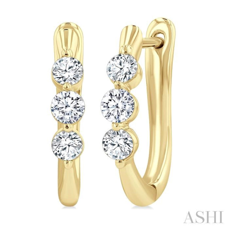 1/2 Ctw 3-Stone Round Cut Diamond Fashion Hoop Earring in 14K Yellow Gold