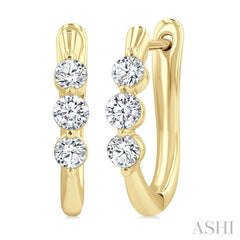 1/2 Ctw 3-Stone Round Cut Diamond Fashion Hoop Earring in 14K Yellow Gold