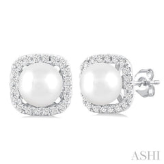 5 MM Cushion-Shaped Cultured Pearl and 1/8 Ctw Petite Round Cut Diamond Halo Stud Earring in 10K White Gold