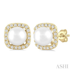 5 MM Cushion-Shaped Cultured Pearl and 1/8 Ctw Petite Round Cut Diamond Halo Stud Earring in 10K Yellow Gold