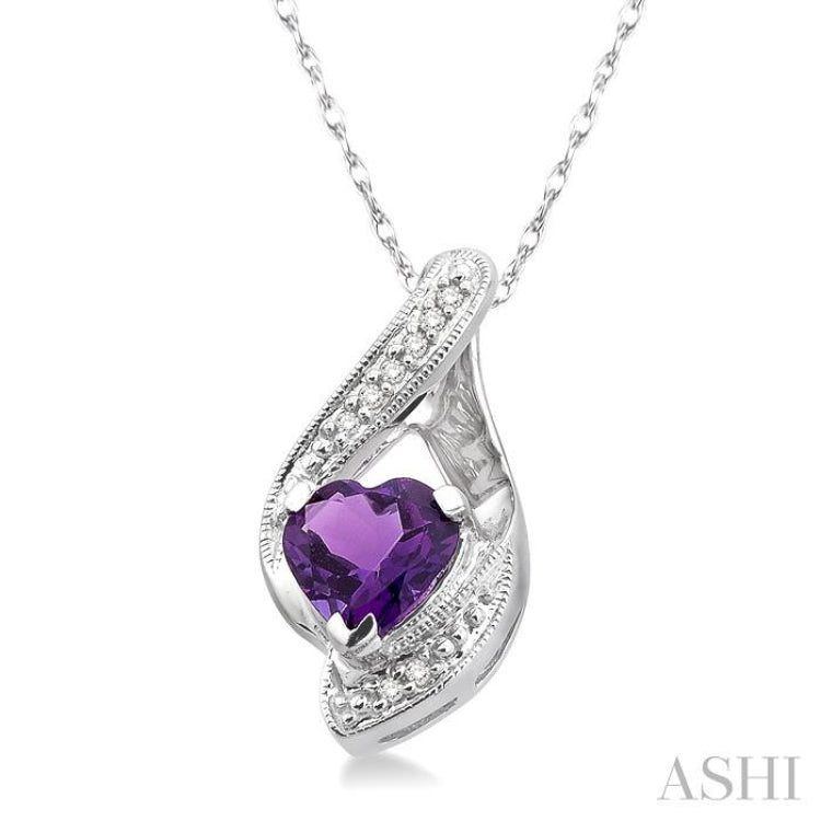 7 MM Heart Shape Amethyst and 1/20 Ctw Single Cut Diamond Semi-Precious Pendant in 14K White Gold with Chain