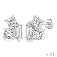 1/6 Ctw Petite Tri-Stone Scatter Princess, Baguette & Round Cut Diamond Fashion Stud Earring in 10K White Gold