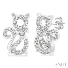 1/8 Ctw Petite Cat Motif Round Cut Diamond Fashion Stud Earring in 10K White Gold