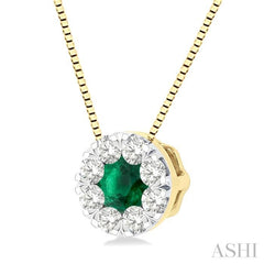 3.8 MM Emerald and 1/3 Ctw Round Cut Lovebright Diamond Precious Pendant With Chain in 14K Yellow and White Gold