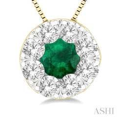 3.8 MM Emerald and 1/3 Ctw Round Cut Lovebright Diamond Precious Pendant With Chain in 14K Yellow and White Gold