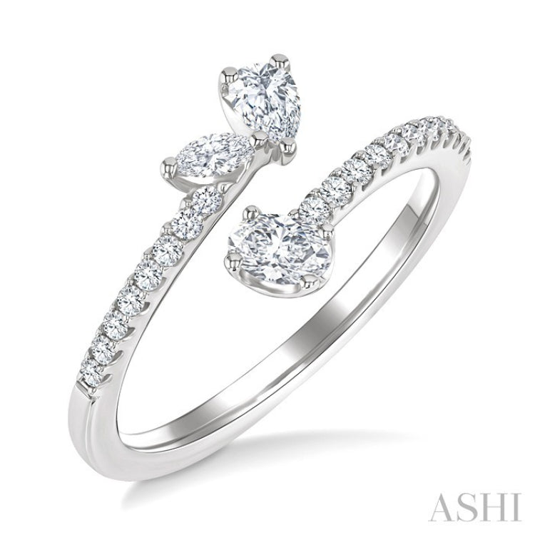 1/2 Ctw 3-Stone Mixed Diamond Cut Fashion Open Ring in 14K White Gold