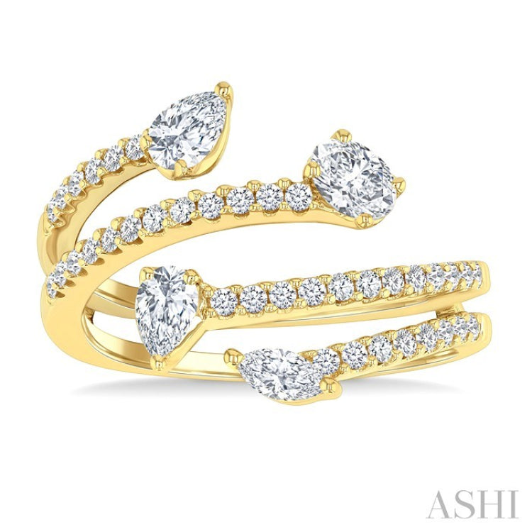 7/8 Ctw Split Open Bypass 4-Stone Mixed Diamond Cut Fashion Ring in 14K Yellow Gold