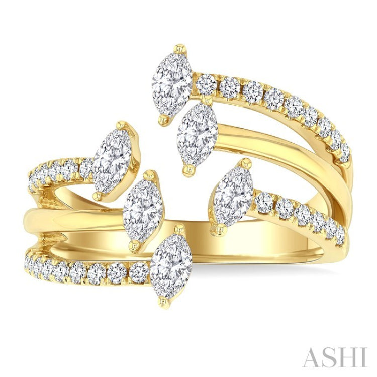 7/8 Ctw Three-Way Split Marquise and Round Cut Diamond Fashion Open Ring in 14K Yellow Gold