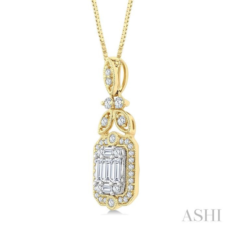 5/8 Ctw Fusion Baguette and Round Cut Diamond Fashion Pendant With Chain in 14K Yellow and White Gold