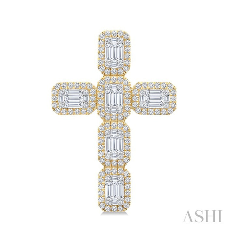 1 1/2 Ctw Cross Fusion Baguette and Round Cut Diamond Fashion Pendant in 14K Yellow and White Gold