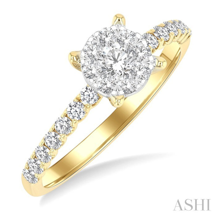 1/2 Ctw Lovebright Circular Shaped Round Cut Diamond Engagement Ring in 14K Yellow and White Gold