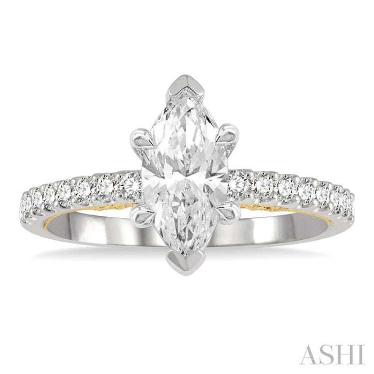 1/4 Ctw Marquise Shape Round Cut Diamond Semi-Mount Engagement Ring in 14K White and Yellow Gold