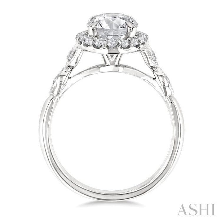 1/3 Ctw Oval Shape Carved Shank Round Cut Diamond Semi-Mount Engagement Ring in 14K White Gold