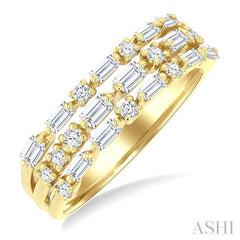 5/8 Ctw Triple Row Baguette and Round Cut Diamond Fashion Band in 14K Yellow Gold