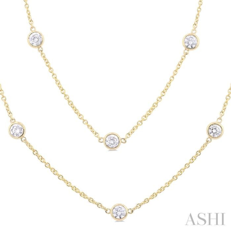 3 Ctw Bezel Set Round Cut Diamond Station Long Necklace in 14K Yellow Gold