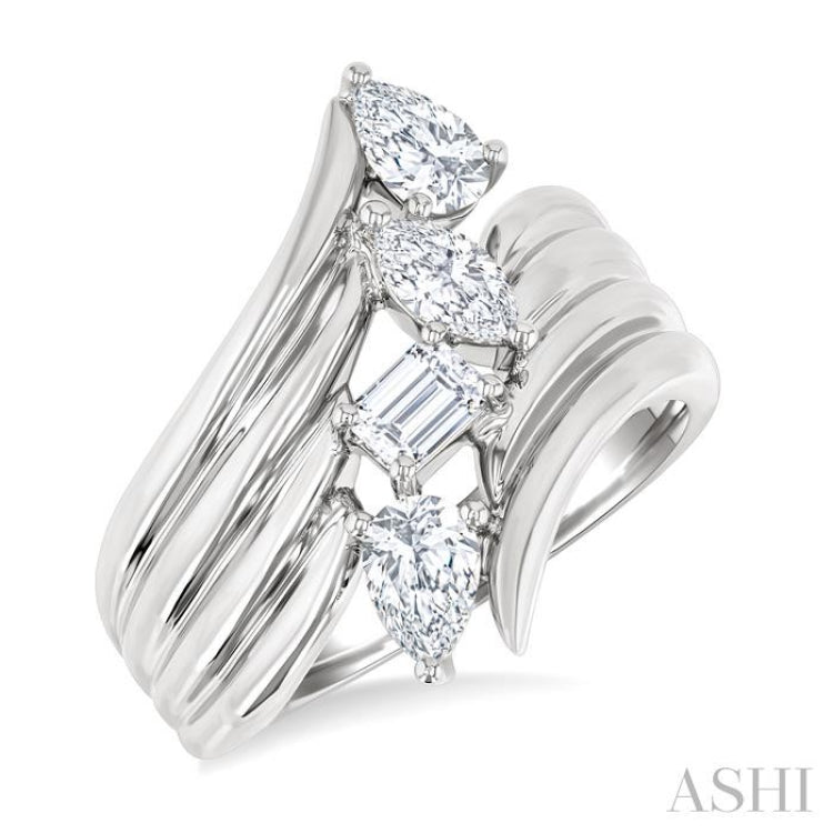 1 Ctw Open Bypass Ribbed Shank Mixed Diamond Cut Fashion Ring in 14K White Gold