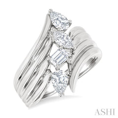 1 Ctw Open Bypass Ribbed Shank Mixed Diamond Cut Fashion Ring in 14K White Gold