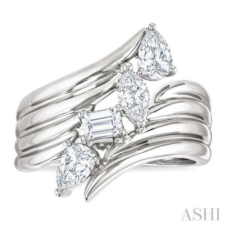 1 Ctw Open Bypass Ribbed Shank Mixed Diamond Cut Fashion Ring in 14K White Gold