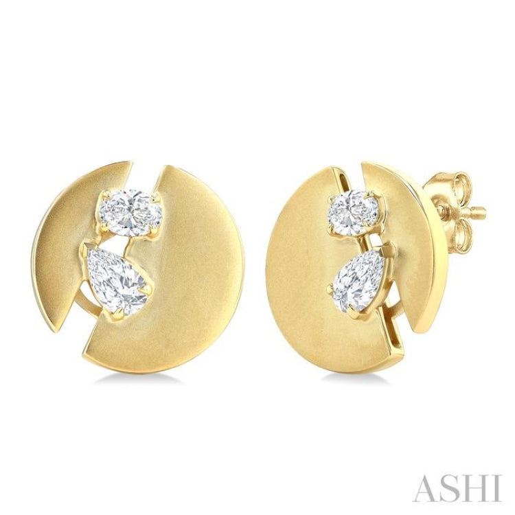 1/2 Ctw Split Circle Oval and Pear Cut Diamond Fashion Stud Earrings in 14K Yellow Gold