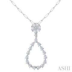 1 7/8 Ctw Floral Open Window Pear and Round Cut Diamond Dangle Fashion Pendant With Chain in 14K White Gold