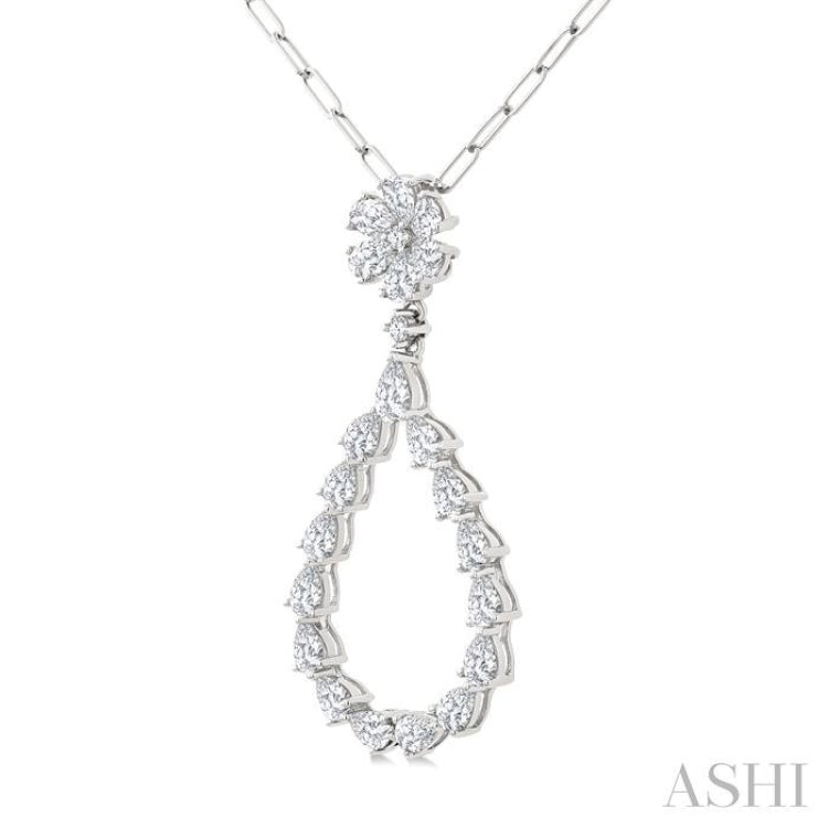 1 7/8 Ctw Floral Open Window Pear and Round Cut Diamond Dangle Fashion Pendant With Chain in 14K White Gold