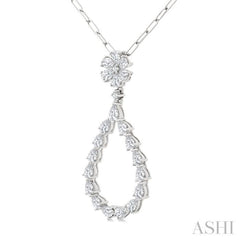 1 7/8 Ctw Floral Open Window Pear and Round Cut Diamond Dangle Fashion Pendant With Chain in 14K White Gold