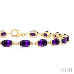 6X4 MM Oval Cut Amethyst and 1/6 Ctw Round Cut Diamond Semi-Precious Tennis Bracelet in 10K Yellow Gold
