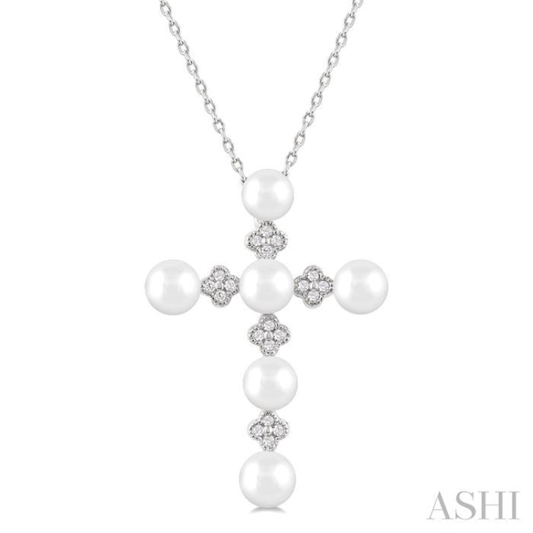 4 MM Round Shape Cultured Pearl and 1/10 Ctw Clover Round Cut Diamond Cross Pendant With Chain in 10K White Gold