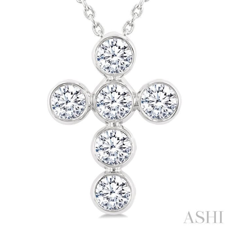 1 Ctw Round Cut Diamond 6-Stone Bezel Set Cross Pendant With Chain in 14K White Gold