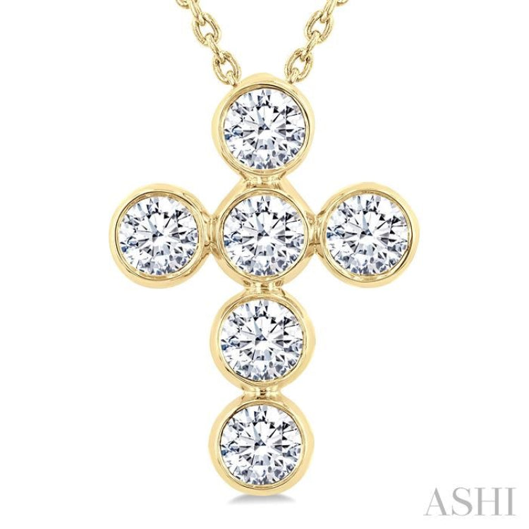 1 Ctw Round Cut Diamond 6-Stone Bezel Set Cross Pendant With Chain in 14K Yellow Gold