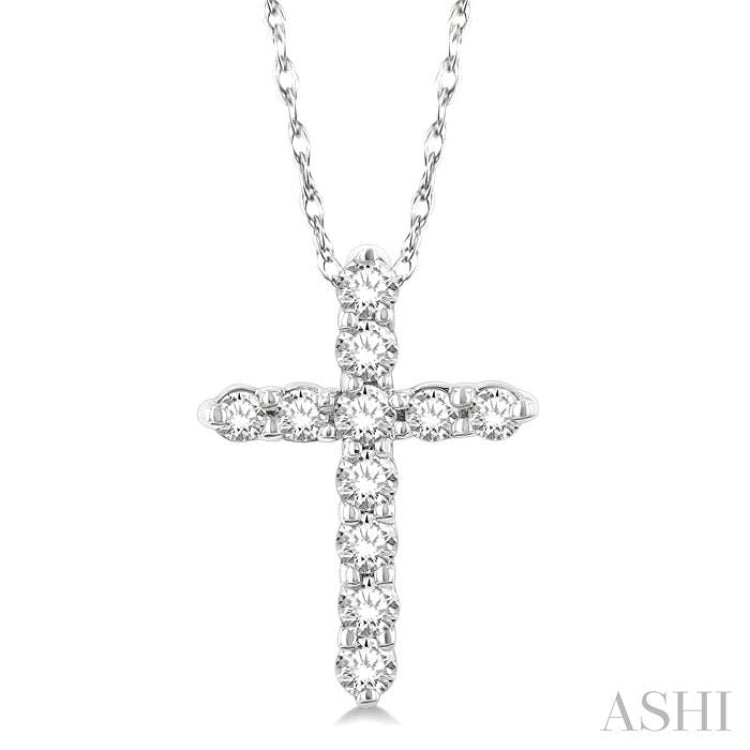 1/10 Ctw Round Cut Diamond Cross Pendant in 14K White Gold with Chain