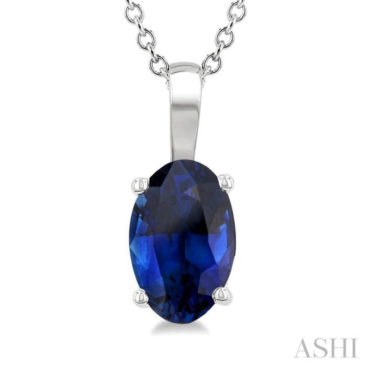 6X4 MM Oval Shape Sapphire Precious Solitaire Pendant With Chain in 14K White Gold