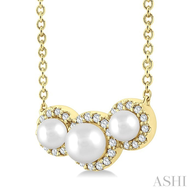1/8 Ctw Past, Present & Future 4MM & 3MM Cultured Pearl and Round Cut Diamond Halo Pendant With Chain in 14K Yellow Gold