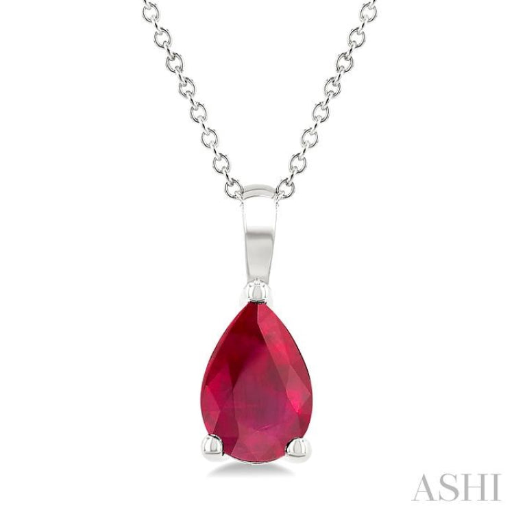6X4 MM Pear Shape Ruby Precious Solitaire Pendant With Chain in 14K White Gold
