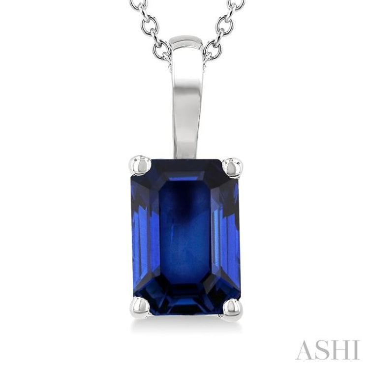 6X4 MM Octagon Shape Sapphire Precious Solitaire Pendant With Chain in 14K White Gold