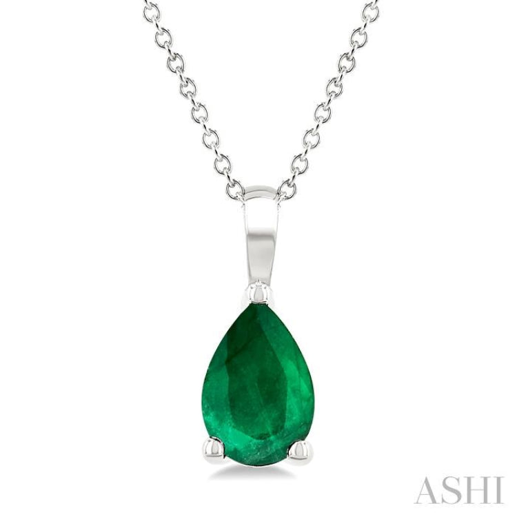 6X4 MM Pear Shape Emerald Precious Solitaire Pendant With Chain in 14K White Gold