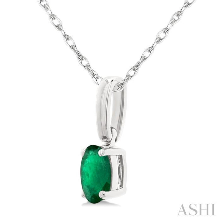 5X3 MM Oval Shape Emerald Precious Solitaire Pendant With Chain in 14K White Gold